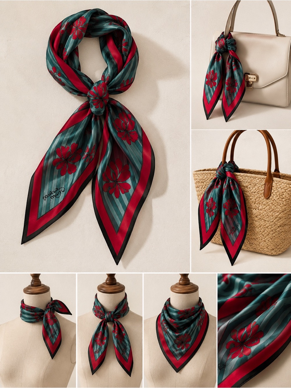 Vintage 100% Silk Floral Scarf • Jewel Tone Head Scarf / Neck Tie / Purse Scarf